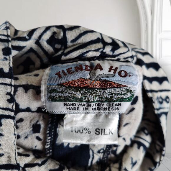 Tienda Ho Oversized Silk Midi Lagenlook Dress Navy Tribal Graphic Print Tunic - Picture 14 of 16